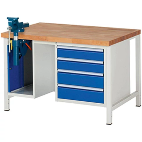 Munkapad, SZxMxM 1250x900x840 mm, bükk munkalap, 4 fiók: 2 x 120/2 x 150 mm, 1 satu szekrény, satu összecsukható emelővel, RAL7035/5010