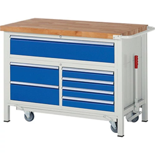 Munkapad leengedhető görgős alvázzal, SZxMxM 1500x700x920 mm, 7 fiók: 1 XXL 120 mm, 6 x 150 mm, RAL7035/RAL5010