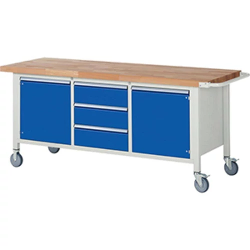 Mobil Munkapad, SZxMxM 2000x700x880 mm, 3 fiók 180 mm, 2 ajtó 540 mm, 2 polc, RAL7035/RAL5010