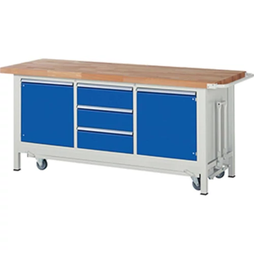 Munkapad leengedhető görgős alvázzal, SZxMxM 2000x700x880 mm, 3 fiók 180 mm, 2 ajtó 540 mm, 2 polc, RAL7035/RAL5010