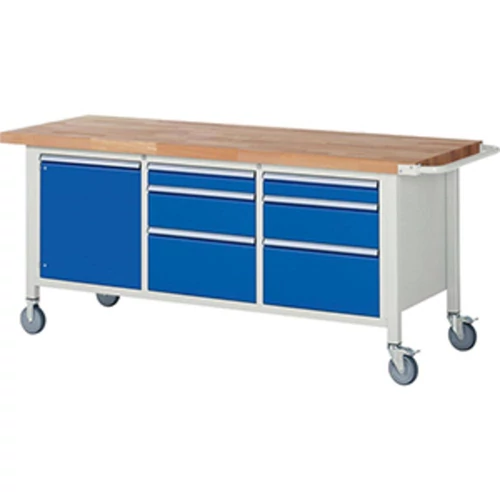 Mobil munkapad, SZxMxM 2000x700x880 mm, 6 fiók: 2x90 mm, 2x180 mm, 2x270 mm, 1 ajtó 540 mm, 1 polc, RAL7035/RAL5010