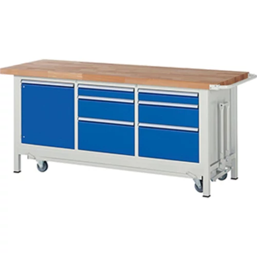 Munkapad leengedhető görgős alvázzal, SZxMxM 2000x700x880 mm, 6 fiók: 2x90 mm, 2x180 mm, 2x270 mm, 1 ajtó 540 mm, 1 polc, RAL7035/RAL5010