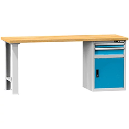 Munkapad, SZxMxM 2000x700x880mm, 1 láb, 1 fiókblokk, 2 fiók 75 mm, 1 ajtó 550 mm, terhelhetőség 700 kg, RAL 7035/5012