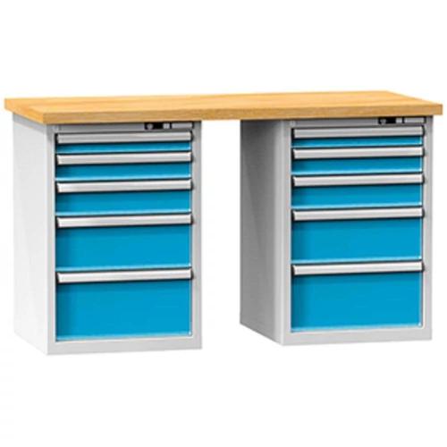 Munkapad, SZxMxM 1500x700x880mm, 2 fiókos egység, 2 fiók 75, 100, 125, 200, 250 mm, teherbírás 1100 kg, RAL 7035/5012