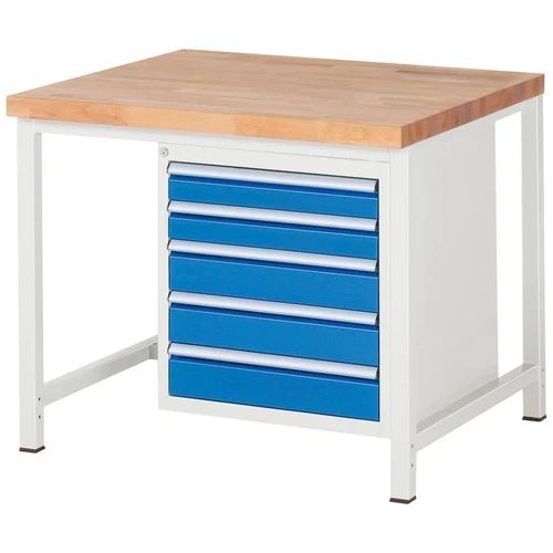 Munkapad, SZxMxM 1000x900x840 mm, 5 fiók 2x90/3x120 mm, tömör 40 mm-es bükk munkalap, RAL 7035/5010