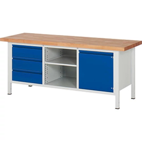 Munkapad, SZxMxM 2000x700x840 mm, 40 mm-es bükk munkalap, 3 fiók 180 mm, 1 polc, 1 ajtó 540 mm mögötte 1 polc, RAL 7035/5010