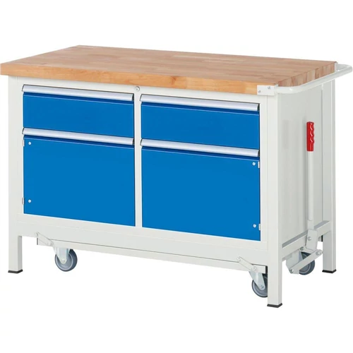 Munkapad leengedhető görgős alvázzal, SZxMxM 1500x700x880 mm, 2 fiók 180 mm, 2 ajtó 360 mm, RAL7035/RAL5010