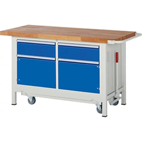 Munkapad leengedhető görgős alvázzal, SZxMxM 1500x700x880 mm, 2 fiók 180 mm, 2 ajtó 360 mm, RAL7035/RAL5010