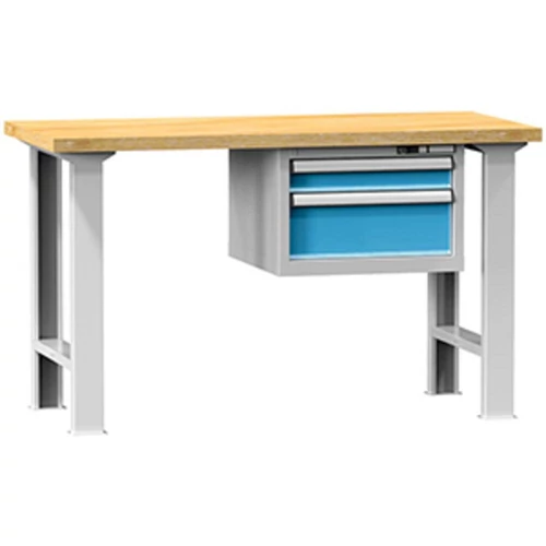 Munkapad, SZxMxM 1500x700x880 mm, 2 láb, 1 szekrény 2 fiókkal 100, 200 mm, terhelhetőség 800 kg, RAL 7035/5012