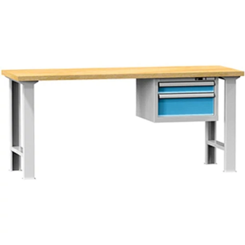 Munkapad, SZxMxM 2000x700x880 mm, 2 láb, 1 szekrény 2 fiókkal 100, 200 mm, terhelhetőség 500 kg, RAL 7035/5012
