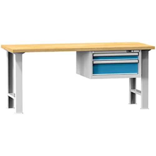 Munkapad, SZxMxM 2000x800x880 mm, 2 láb, 1 szekrény 2 fiókkal 100, 200 mm, terhelhetőség 500 kg, RAL 7035/5012