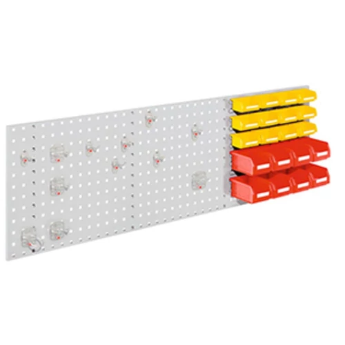 Kezdőkészlet, a legjobb. 1 db perforált/hasítékolt lemez 1500x450 mm, 12 darabos szerszámtartó készlet, 12 db kicsi + 8 nagy láda, RAL 7035