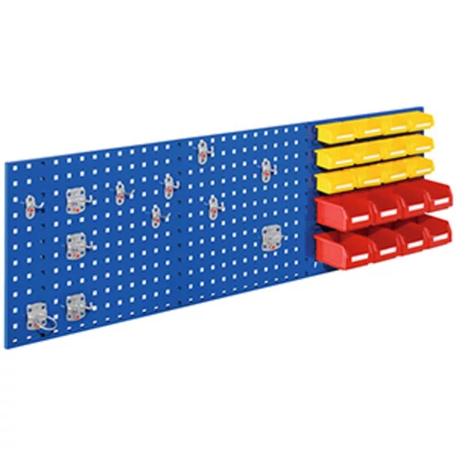 Kezdőkészlet, a legjobb. 1 db perforált/hasítékolt lemez 1500x450 mm, 12 darabos szerszámtartó készlet, 12 db kicsi + 8 nagy láda, RAL 5010