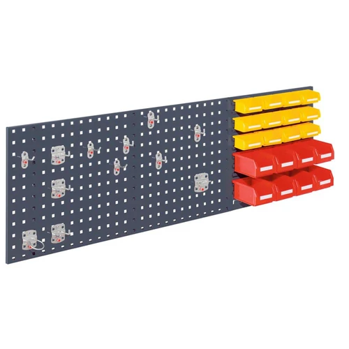 Kezdőkészlet, a legjobb. 1 db perforált/hasítékolt lemez 1500x450 mm, 12 darabos szerszámtartó készlet, 12 db kicsi + 8 nagy láda, RAL 7016