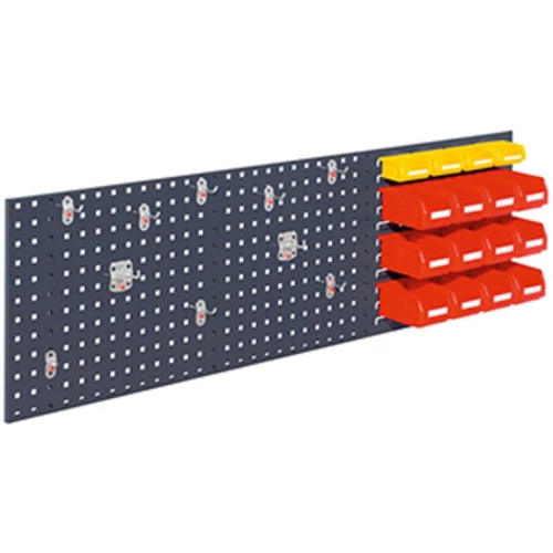 Kezdőkészlet, a legjobb. 1 db perforált/hasítékolt lemez 1500x450 mm, 10 darabos szerszámtartó készlet, 4 db kicsi + 12 nagy láda, RAL 7016