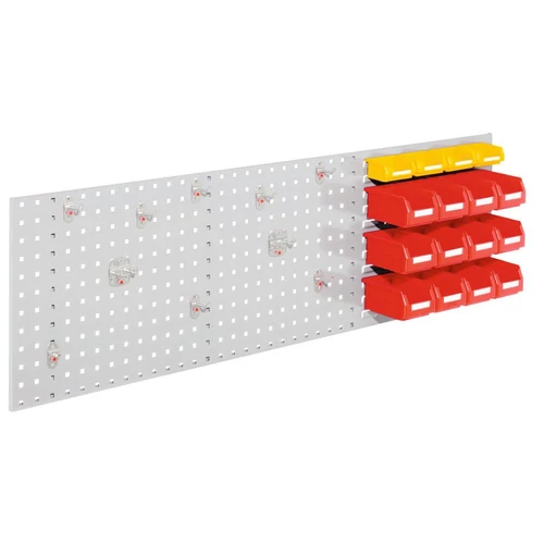 Kezdőkészlet, a legjobb. 1 db perforált/hasítékolt lemez 1500x450 mm, 10 darabos szerszámtartó készlet, 4 db kicsi + 12 nagy láda, RAL 7035