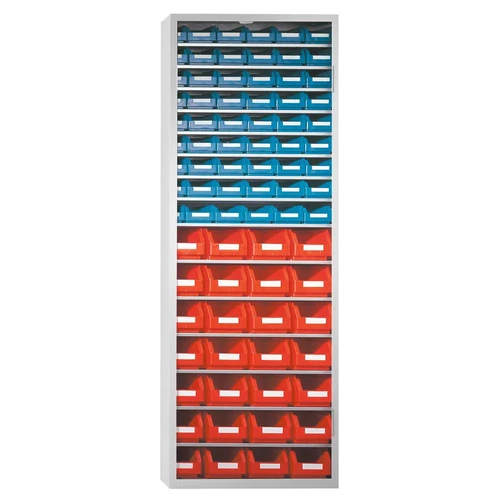 Tároló szekrény, ajtó nélkül, 15 polc, dobozok 28 x 6-os méret, 54 x 7-es méret, SZxMxH 690x285x1950 mm, RAL 7035 világosszürke