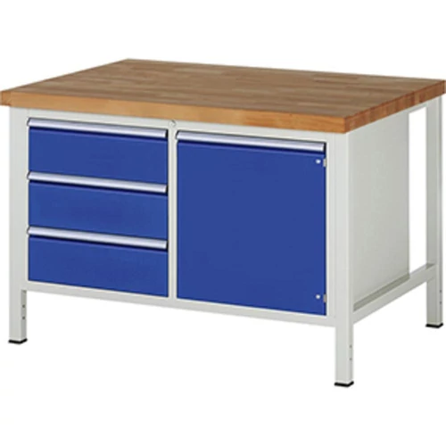Munkapad, SZxMxM 1250x900x840 mm, 3 fiók 180 mm, 1 ajtó 540 mm, 1 polc, 40 mm-es bükk munkalap, RAL 7035/5010