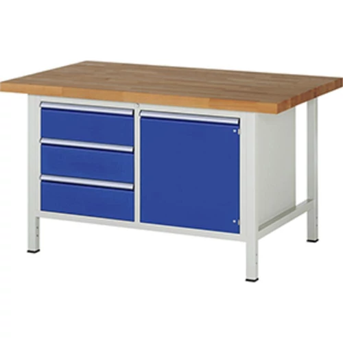 Munkapad, SZxMxM 1500x900x840 mm, 3 fiók 180 mm, 1 ajtó 540 mm, 1 polc, 40 mm-es bükk munkalap