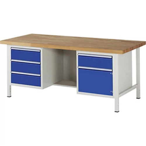 Munkapad, SZxMxM 2000x900x840 mm, 4 fiók 180 mm, 1 ajtó 360 mm, 40 mm-es bükk munkalap, RAL 7035/5010