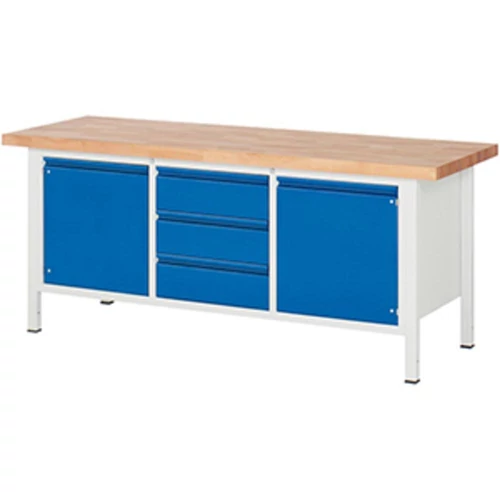 Munkapad, 40 mm-es bükk munkalap, SZxMxM 2000x700x840 mm, 3 fiók 180 mm, 2 ajtó 540 mm, 2 polc, RAL 7035/5010