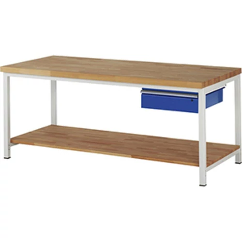 Munkapad, SZxMxM 2000x900x840 mm, 1 fiók 150 mm, polc, 40 mm-es bükk munkalap, RAL 7035/5010