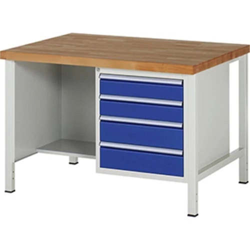 Munkapad, SZxMxM 1250x900x840 mm, 4 fiók: 2x120/2x150 mm, 1 polc, 40 mm-es bükk munkalap, RAL 7035/5010