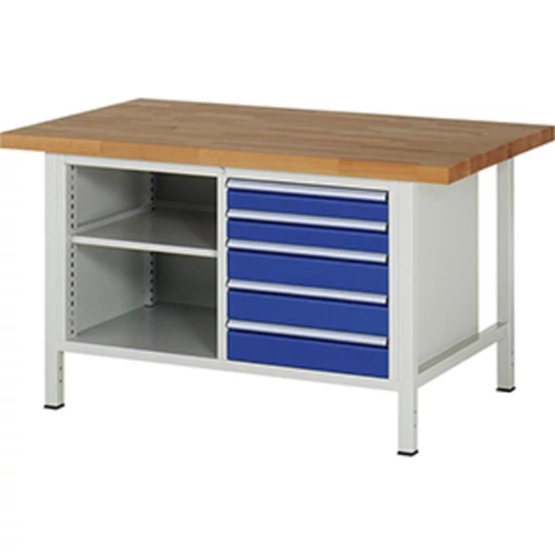 Munkapad, SZxMxM 1500x900x840 mm, 4 fiók: 2x120/2x150 mm, 1 polc, 40 mm-es bükk munkalap, RAL 7035/5010