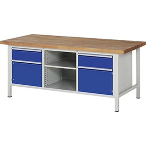 Munkapad, SZxMxM 2000x900x840 mm, 2 fiók 180 mm, 2 ajtó 360 mm, 1 polc, 40 mm-es bükk munkalap, RAL 7035/5010