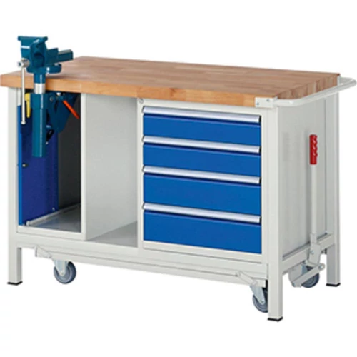 Munkapad leengedhető görgős alvázzal, SZxMxM 1250x700x880 mm, 4 fiók: 2x120/2x150 mm, 1 satucsavar, 40 mm-es bükk munkalap, RAL 7035/5010