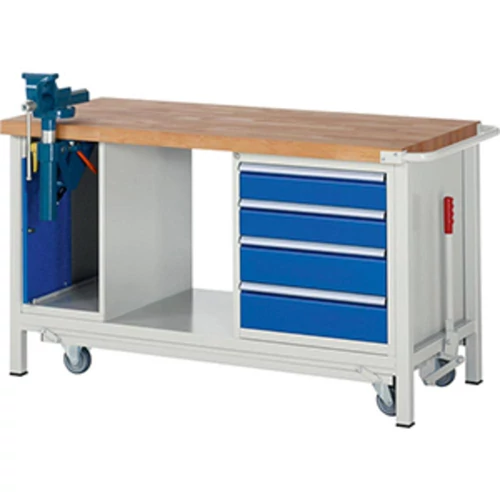 Munkapad leengedhető görgős alvázzal, SZxMxM 1500x700x880 mm, 4 fiók: 2x120/2x150 mm, 1 satucsavar, 40 mm-es bükk munkalap, RAL 7035/5010