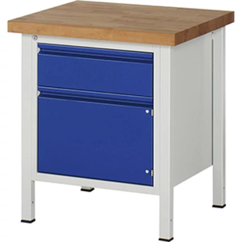 Munkapad, SZxMxM 750x700x840 mm, 40 mm-es bükk munkalap, 1 fiók 180 mm, 1 ajtó 360 mm, RAL 7035/5010