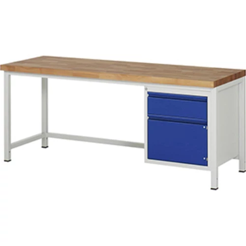 Munkapad, SZxMxM 2000x700x840 mm, 40 mm-es bükk munkalap, 1 fiók 150 mm, 1 ajtó 360 mm, RAL 7035/5010