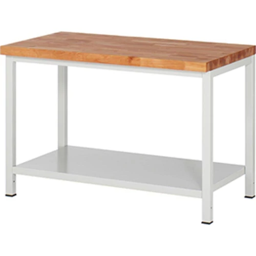 Munkapad, SZxMxM 1250x700x840 mm, 40 mm-es bükk munkalap, acéllemez polccal, RAL 7035