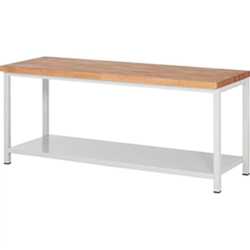 Munkapad, SZxMxM 2000x700x840 mm, 40 mm-es bükk munkalap, acéllemez polccal, RAL 7035