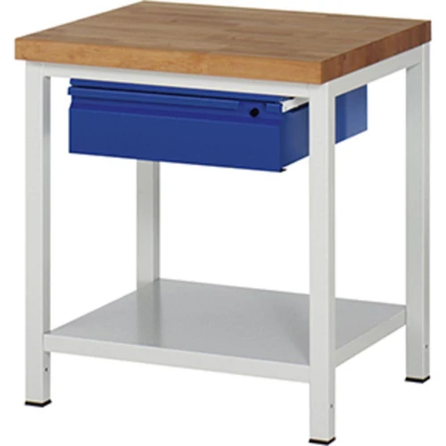 Munkapad, SZxMxM 750x700x840-1040 mm, 40 mm-es bükk munkalap, acéllemez polccal, 1x 150 mm-es akasztós fiók, RAL 7035/5010