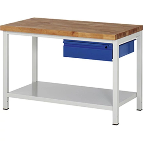 Munkapad, SZxMxM 1250x700x840-1040 mm, 40 mm-es bükk munkalap, acéllemez polccal, 1x 150 mm-es akasztós fiók, RAL 7035/5010
