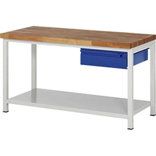Munkapad, SZxMxM 1500x700x840-1040 mm, 40 mm-es bükk munkalap, acéllemez polccal, 1x 150 mm-es akasztós fiók, RAL 7035/5010