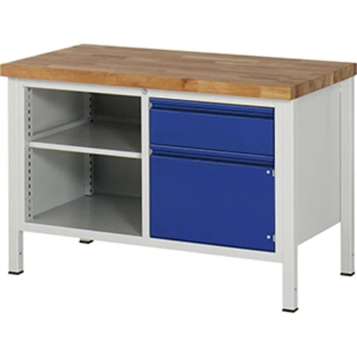 Munkapad, SZxMxM 1250x700x840-1040 mm, 40 mm-es bükk munkalap, 1 fiók 180 mm, 1 ajtó 360 mm, 1 polc, RAL 7035/5010