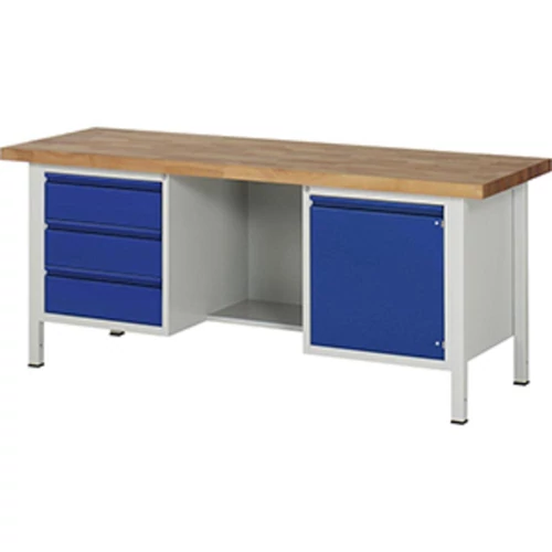 Munkapad, SZxMxM 2000x700x840-1040 mm, 40 mm-es bükk munkalap, 3 fiók 180 mm, 1 ajtó 540 mm, 1 polc, RAL 7035/5010