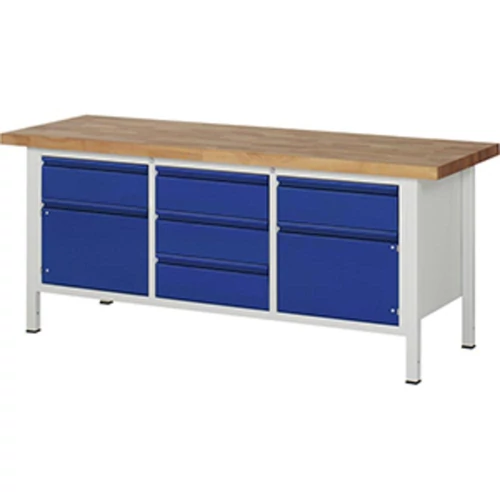 Munkapad, SZxMxM 2000x700x840 mm, 40 mm-es bükk munkalap, 5 fiók 180 mm, 2 ajtó 360 mm, RAL 7035/5010