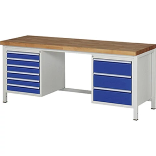 Munkapad, SZxMxM 2000x700x840 mm, 9 fiók: 6x90/3x180 mm, 40 mm-es bükk munkalap, RAL 7035/5010