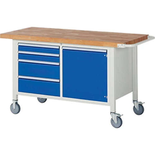 Mobil munkapad, SZxMxM 1500x700x880 mm, 4 fiók: 2x90, 2x180 mm, 1 ajtó 540 mm 1 polccal, 40 mm-es bükk munkalap, RAL 7035/5010
