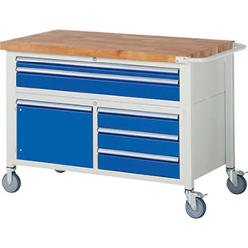 Mobil munkapad, SZxMxM 1250x700x880 mm, 2 db XXL fiók: 1x60/1x120 mm, 3x120 mm, 1 ajtó 360 mm, 40 mm-es bükk munkalap, RAL 7035/5010
