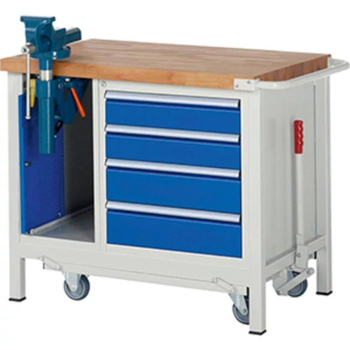Munkapad leengedhető görgős alvázzal, SZxMxM 1000x700x880 mm, 4 fiók: 2x120/2x150 mm, 1 satucsavar, 40 mm-es bükk munkalap, RAL 7035/5010