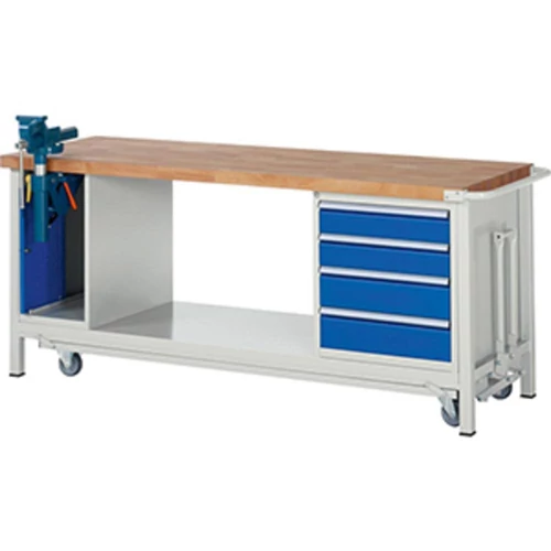 Munkapad leengedhető görgős alvázzal, SZxMxM 2000x700x880 mm, 4 fiók: 2x120/2x150 mm, 1 satucsavar, 40 mm-es bükk munkalap, RAL 7035/5010
