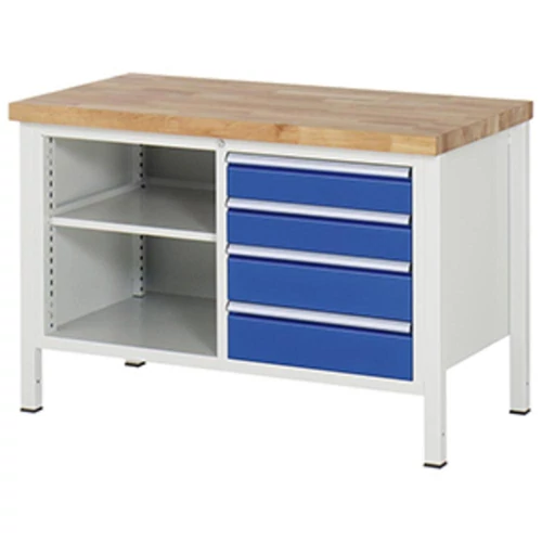 Munkapad, SZxMxM 1250x700x840 mm, 4 fiók: 2x120/2x150 mm, 1 polc, 40 mm-es bükk munkalap, RAL 7035/5010