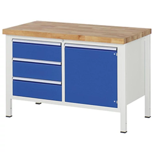 Munkapad, SZxMxM 1250x700x840 mm, 3 fiók 180 mm, 1 ajtó 540 mm, 1 polc, 40 mm-es bükk munkalap, RAL 7035/5010