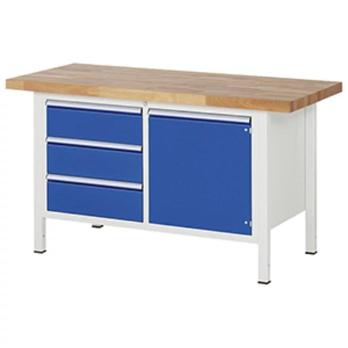 Munkapad, SZxMxM 1500x700x840 mm, 3 fiók 180 mm, 1 ajtó 540 mm, 1 polc, 40 mm-es bükk munkalap, RAL 7035/5010
