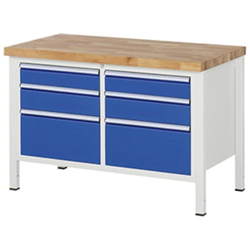Munkapad, SZxMxM 1250x700x840 mm, 6 fiók: 2x120/2x150/2x270 mm, 40 mm-es bükk munkalap RAL 7035/5010
